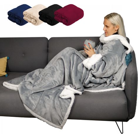 Plaid intégral avec manches et poche – 140 x 210 cm – Double face flanelle et sherpa – Résistant et léger – Pour adulte – Gris – Vivezen