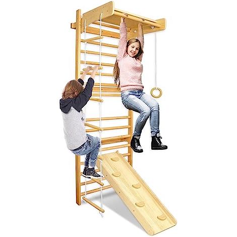 Sprossenwand 6-in-1 Turngeräte Satz Kletterwand Holzoptik Klettergerüst 215cm Turnwand inkl. Sprossenwand, Spitzendreiecke, Gymnastikringe, Leitern, Rutschen/Kletterbretter, Max bis 100KG NAIZY (1/5)