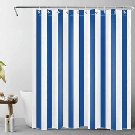 Rayures Bleu Marine Rideaux de Douche 150x200cm Ligne Bleue Blanche Rideaux de Bain avec Crochets, Géométrie Simple Minimaliste Extra Longue Imperméable Polyester Anti Moule Salle de Bain Décor (1/5)