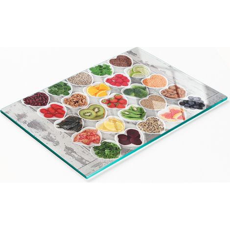 Planche de service en verre pour la cuisine, décorée de motifs d'aliments sains, 80 x 52 cm (1/5)