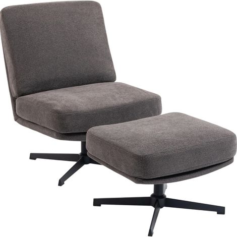 Poltrona lounge girevole con poggiapiedi, rivestimento aspetto lino, base in metallo, grigio scuro (1/5)