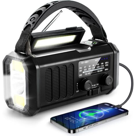 Radio d'urgence solaire à manivelle AM/FM – Batterie 10 000 mAh – Lampe de poche LED – Alarme SOS – Chargeur téléphone portable (1/5)