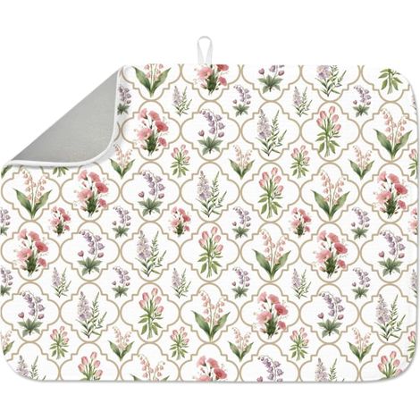 Tapis de séchage à vaisselle floral rose de printemps 45 x 60 cm, tapis de séchage vintage de fleurs sauvages, tapis de séchage pour table, comptoir, évier, café, bar (1/5)