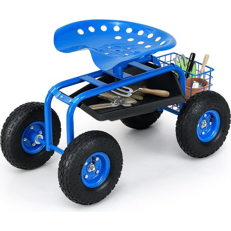 Carrello da giardino regolabile in altezza, carrello da giardino con seduta girevole a 360°, cesto portaoggetti imbottito, portata 150 kg, blu (1/5)