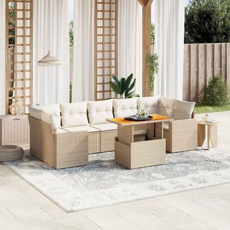 Ensemble Salon Jardin 8 Places Résine Tressée Beige avec Coussins - Table Réglable Hauteur et Meubles Modulaires pour Terrasse (1/3)