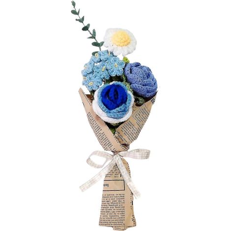 Fleur tricotée au crochet faite main en laine multicolore 39 cm, bouquet de fleurs artificielles, cadeau et décoration intérieure-Blue