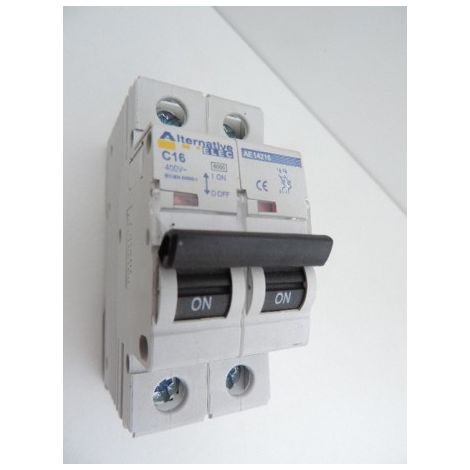 Disjoncteur 16A 2P courbe C 6kA bornes vis norme CE ALTERNATIVE ELEC AE14216