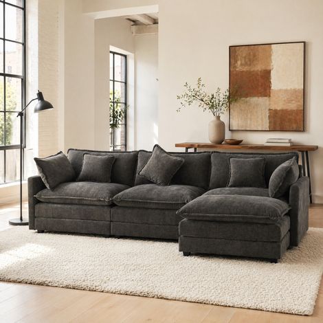 Canapé d’angle L 3 places en tissu gris foncé avec ottomane mobile, coussins d’accoudoir et appui lombaire, pour salon et chambre, de CHICFURN (1/5)