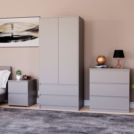 3 Piece Denver Bedroom Set, 2 Drawer Large Bedside Chest, 3 Drawer Chest, 2 Door 2 Drawer Wardrobe, Grey (1/3)