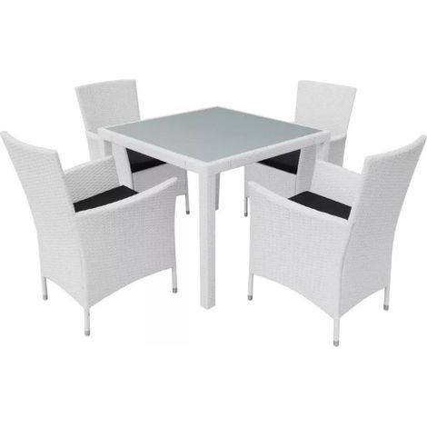 Table carrée et 4 chaises de jardin résine tressée blanc Mik (1/5)