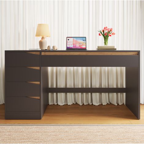 MODFU – Escritorio 140x50 cm de MDF con 5 cajones, amplio tablero, acabado gris y decoración roble veteado para home office o dormitorio – Gris/roble (1/5)