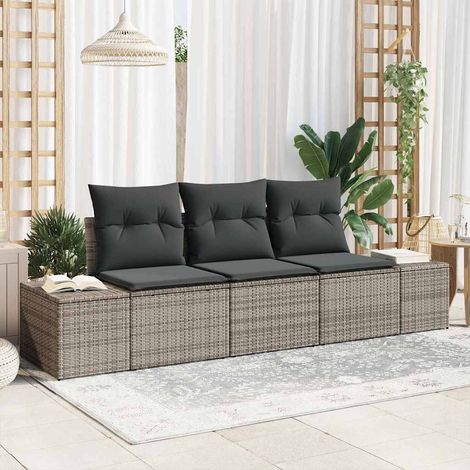 Gartensofa-set mit Speicher 3 pcs Grau Poly-Rattan