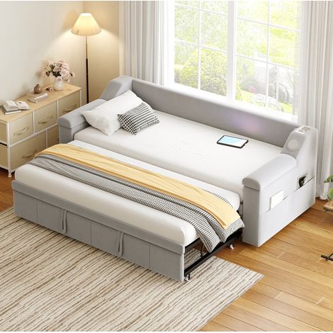 MEUBLIV Polsterbett 90x190 cm Hellgrau – mit Bluetooth und Stauraum, ohne Matratze (1/5)
