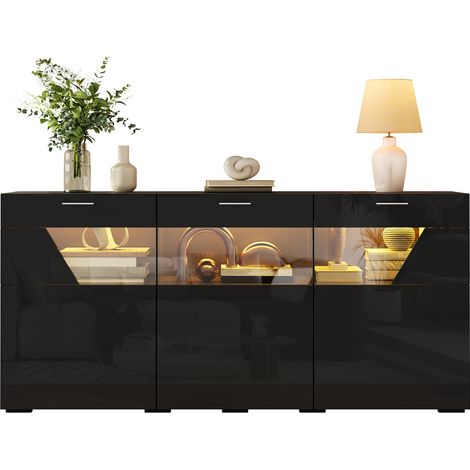 SideboardmitLED-Beleuchtung,Anrichte,Wohnzimmerschrank,Aufbewahrungsschrankmit3Türen,TürenmitGlasfront,Hochglanz-Oberfläche,App-steuerbarerLED-Beleuchtung,Spanplatten-Korpus (1/5)