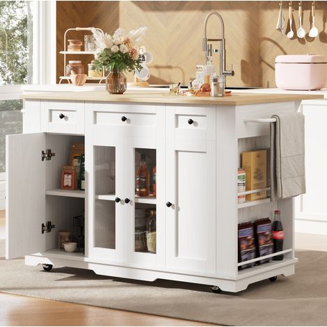 Îlot de cuisine 151.5x60x91.7 cm blanc et naturel en MDF, verre et métal avec plateau rabattable (1/5)