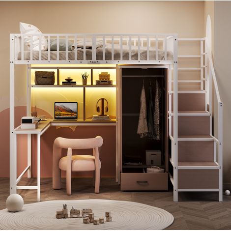 Hochbett 140x200 cm Weiß aus Metall und MDF mit Schreibtisch, Schrank, Regalen, Schubladen, LED und Steckdosen (1/5)