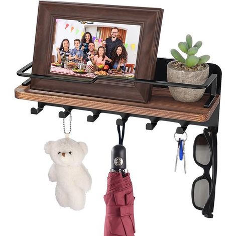 Porte-clés mural - Petit porte-clés - Support mural - Avec 7 crochets et une étagère en bois - Aspect bois noir - Moderne - Porte-clés - Pour entrée et porte d'entrée