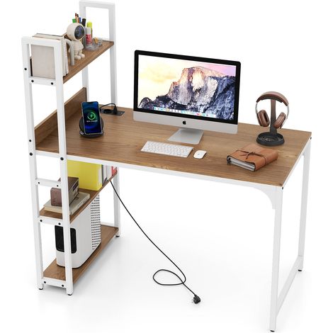 Bureau d'Ordinateur avec Multiprise, Table d'Étude 120 cm avec Bibliothèque, Port USB A, Port Type-C, Poste de Travail pour Bureau à Domicile, Naturel (1/5)