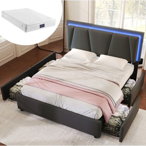 Lit avec tiroirs 160x200 LED tête réglable gris HAVRYA (1/5)