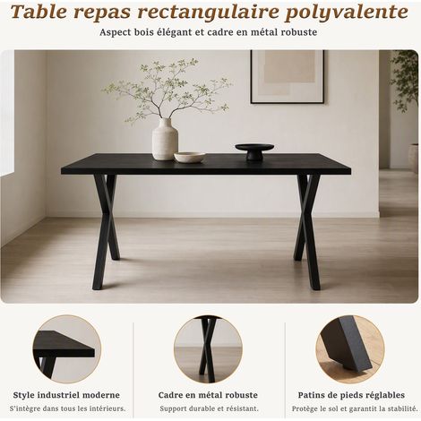 GOEURVANT Table à manger design 4-6 personnes, plateau monobloc Chêne noir, pieds croisés en métal, style industriel (1/5)