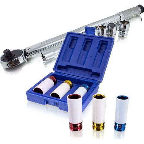 Drehmomentschlüssel Set 1/2" Ratsche inkl Felgenschutz Schlagnüsse inkl Nüsse (17 mm / 19 mm / 21 mm) für PKW Auto KFZ (1/5)