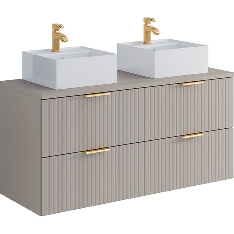 Meuble de salle de bain suspendu strié avec double vasque à poser carrée - Beige - L120 cm - ZEVARA