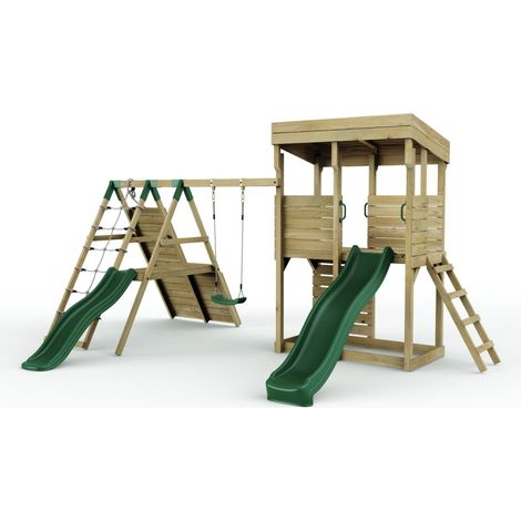 Rebo XL Lookout Tower Playhouse with Single Swing and Climbing Wall plus Slides (1/5)