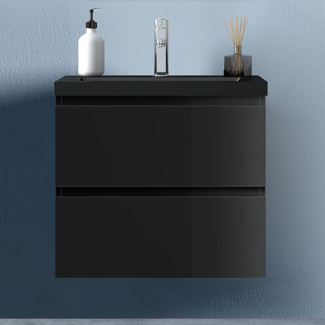 Unterschrank soft close 2 Schubladen 60cm Badezimmermöbel Set Schwarz Hochglanz Selbstmontierter Unterschrank Schwarz Mineralguss waschtisch (1/5)