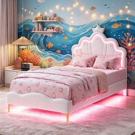 JOOKGBD-Kinderbett Polsterbett 90x200 cm,Einzelbett mit Höhenverstellbares Prinzessinnenkronen-Kopfteil und LED,Jugendbett, Lattenrost,Jugendbett skandinavischer Stil,PU-Leder,Weiß,ohne Matratze