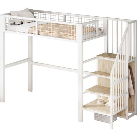 Lit mezzanine 90200 avec échelle, lit enfant avec cadre en fer et étagère de rangement, armoire blanche