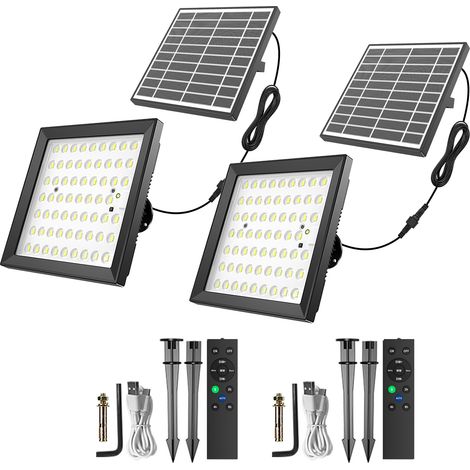 Lampes murales solaires pour jardin, intérieur et extérieur, 124 LED x 2, avec télécommande, étanches IP66, pour abri de jardin, garage, grange, balcon, tonnelle, porche, terrasse, lot de 2 (1/5)