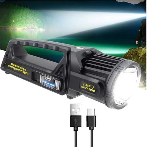 Lampe torche rechargeable 1450000 lumens, projecteur puissant avec tête rotative à 350°, LED ultra-lumineuse, 9 modes d'éclairage, étanche IPX6, lampe torche solaire pour les situations d'urgence [Cla (1/5)