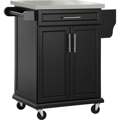 Wooden Kitchen Island on Wheels, Serving Cart Storage Trolley with Stainless Steel Top, Drawer, Side Handle and Rack, Black
