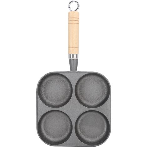 Poêle à œufs 4 tasses, antiadhésive et facile à nettoyer, en fonte avec manche en bois, idéale pour le petit-déjeuner (1/5)