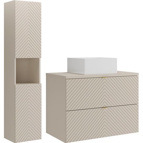 Mobile bagno sospeso a listelli con lavabo da appoggio quadrato e colonna Beige 80 cm - DORIONI (1/4)