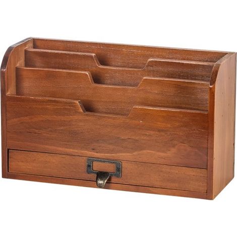 Organiseur de bureau – Boîte de rangement – Plateau à courrier – Classeur vertical – 3 niveaux – Avec tiroir de rangement – Marron (1/5)