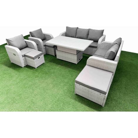Fimous PE Rattan Garden Furniture Set Reclining Chair Sofa Double Love Seat 2 Seater Sofa Lounge Set Adjustable Lifting Dining or Coffee Table 3 Stools Light Grey (1/5)