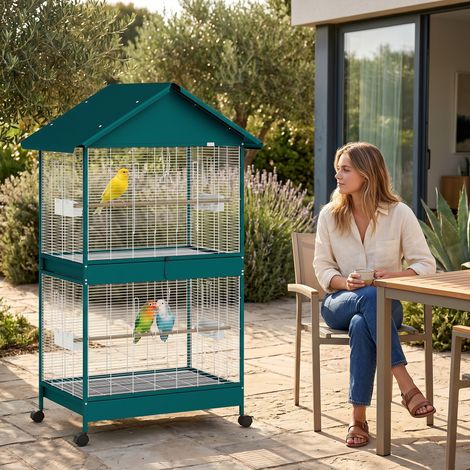 Cage à oiseaux sur roulettes avec séparateur amovible, 6 mangeoires et 4 perchoirs, 2 plateaux extensibles, pour perruches, calopsittes, canaris (1/5)