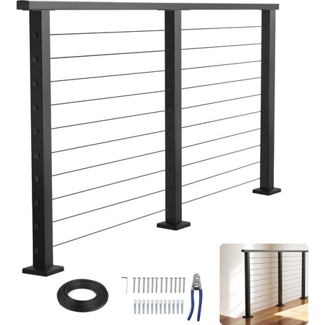 VEVOR Kit Garde-corps a Cable 198 cm, Rampe de Balcon en Acier Inoxydable Noir Mat, Garde-corps a Poteaux 89 cm de Hauteur, Espacement des Cables 8 cm, Protection pour Interieur, Exterieur, Terrasse
