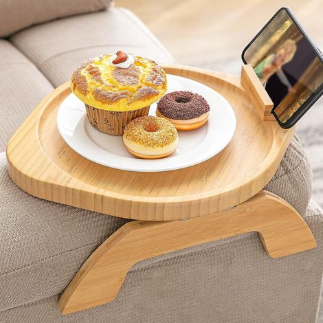 Tablette d'accoudoir de canapé en bambou avec support de téléphone rotatif, accoudoirs de canapé robustes, conception à clipser compatible avec les grands canapés. (1/5)