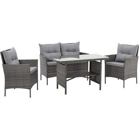 Svita – Salon de jardin 4 pièces en résine tressée – 2 fauteuils, canapé 2 places, table 110x65cm, coussins déperlant – Gris (1/5)