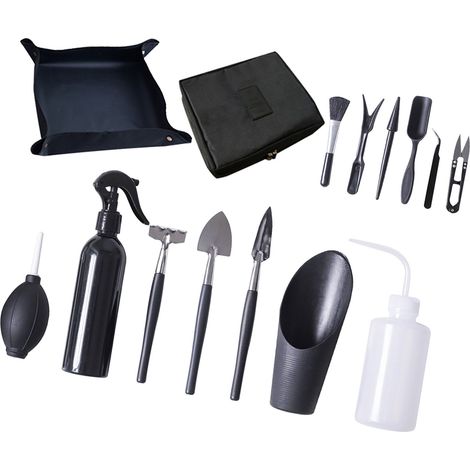 Miniconjunto de jardinería con tapete impermeable: 15 herramientas para trasplantar suculentas, bonsáis y plantas de interior. Juego de herramientas manuales de alta calidad con bandeja de riego y bol (1/5)