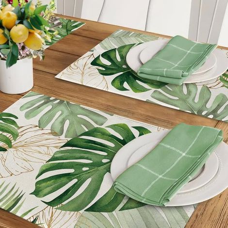 4 teiliges Tischset mit Palmenblattmotiv Tropische Pflanzenmotive Abwaschbar Hawaii Dekoration Küchendekoration Rutschfest Grün 45 x 30 cm für Kü