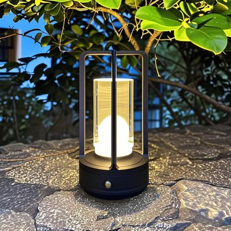 Portable metal table lamp, 4000 mAh rechargeable outdoor table lamp, cordless lamp with stepless dimming and 3 colors, black
