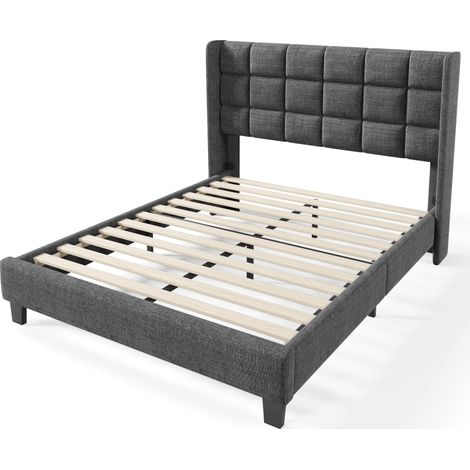 Letto imbottito matrimoniale 140x200 cm con rete a doghe grigio effetto lino (1/5)