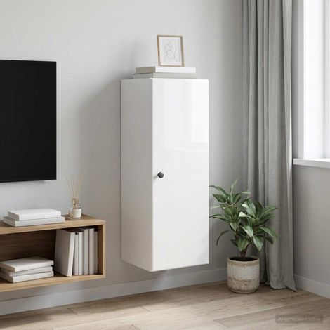 Armoire murale en bois d’ingénierie blanc brillant, 1 porte, 2 étagères, 33 x 34,5 x 90 cm - PANGIVO (1/5)