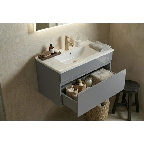 Meuble Salle de Bains APOLLO 60 à poser avec vasque/lavabo intégré, 1 tiroir de rangement, plan de travail en céramique, finition laquée Gris, design robuste, livré monté pour une installation rapide (1/4)