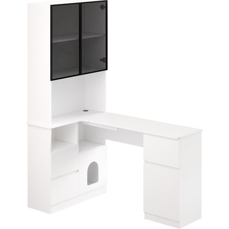 Escritorio esquinero con estantería y vitrina LED 120 x 80 x 180 cm MDF blanco (1/5)