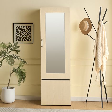 Armadio stretto 54x35x180 cm con specchio, ripiani di stoccaggio e appendiabiti telescopico – Armadio scandinavo per corridoio, ingresso e camera da letto – Colore legno chiaro (1/5)