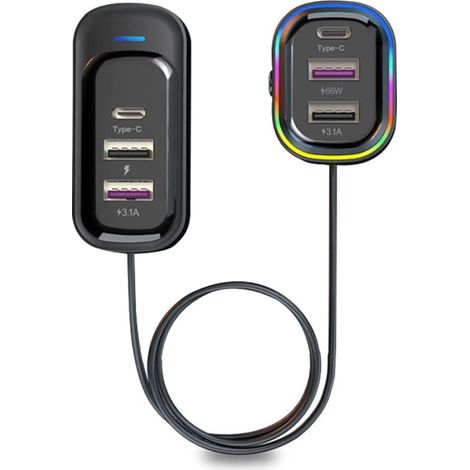 Chargeur de voiture USB multifonctionnel 18 W/15 W à charge rapide, 5 ports de charge, affichage de la tension, compatible voitures, camions, fourgonnettes et SUV (12-24 V). (1/5)